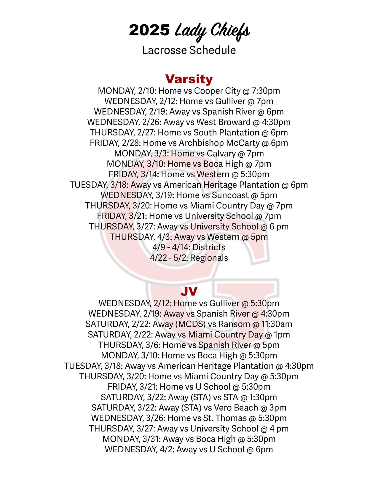 2025 Lady Chiefs Lacrosse Schedule